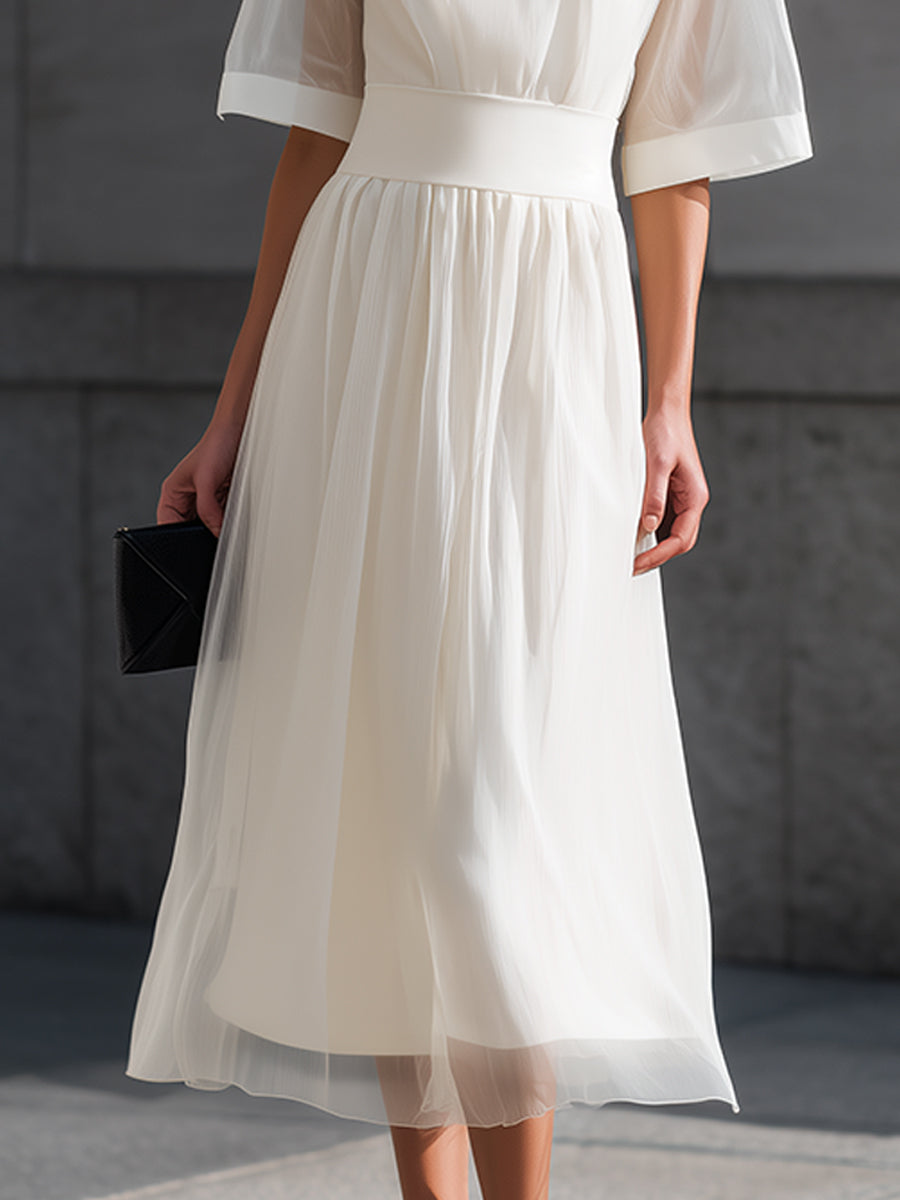 Sheer Sleeve Waist-Defined Midi Dress
